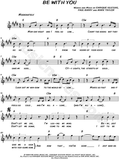 Enrique Iglesias Be With You Sheet Music Leadsheet In E Major