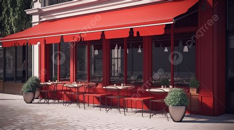 테이블과 의자가 있는 빨간색 카페 전면 외관의 d 모델 빨간색 천막과 야외 테이블이 있는 아늑한 카페 건물의 d 그림