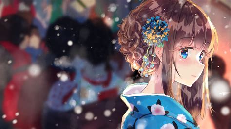 Download 1920x1080 Anime Girl Brown Hair Kimono Snow Blue Eyes Profile View Wallpapers For