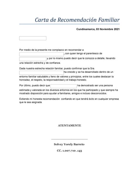 Formato De Carta De Recomendaci N Familiar Carta De Recomendaci N Familiar Cundinamarca