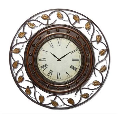 Round Metal Wall Clock With Leaf Design In 2020 Clock Leaf Design Metal