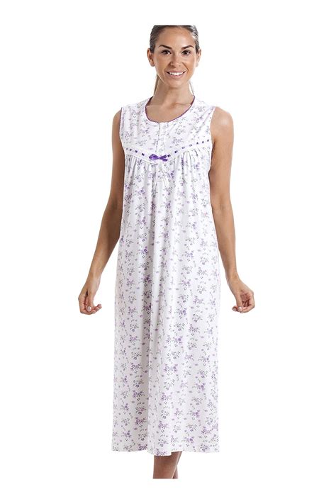 Classic Sleeveless Purple Floral Print 100 Cotton White Nightdress