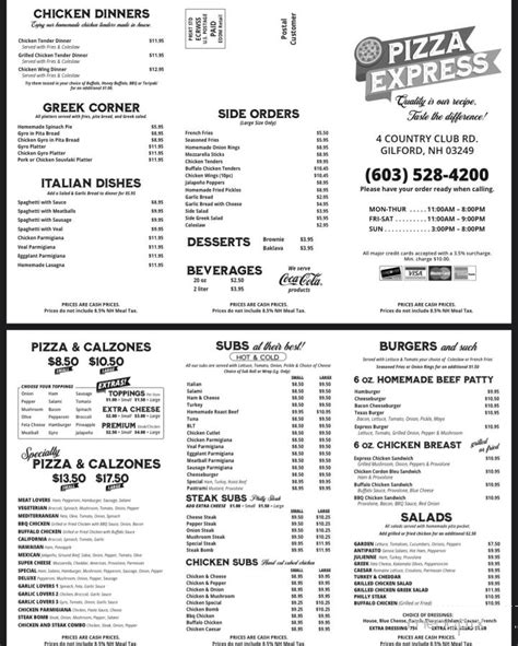 Menu Of Pizza Express In Gilford Nh 03249