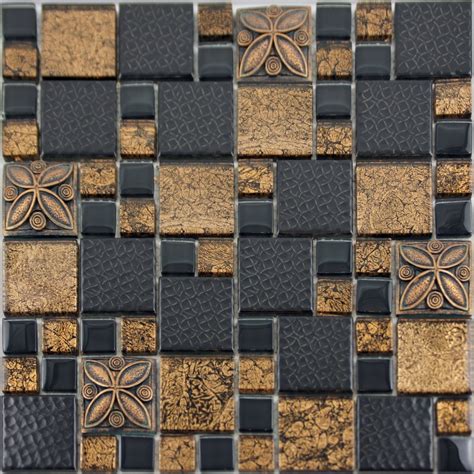 Black Porcelain Mosaic Tile Designs Gold Glass Tiles Bathroom Wall
