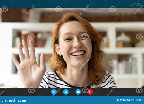 Smiling Woman Wave To Camera Talking On Video Call Stock Image Image Of Lesson Customer