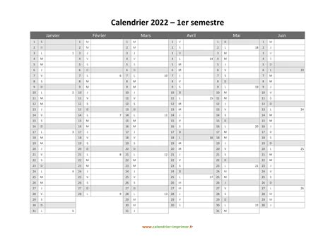 Calendrier Semestriel 2022 Et 2023 à Imprimer Calendrier Mensuel 2022