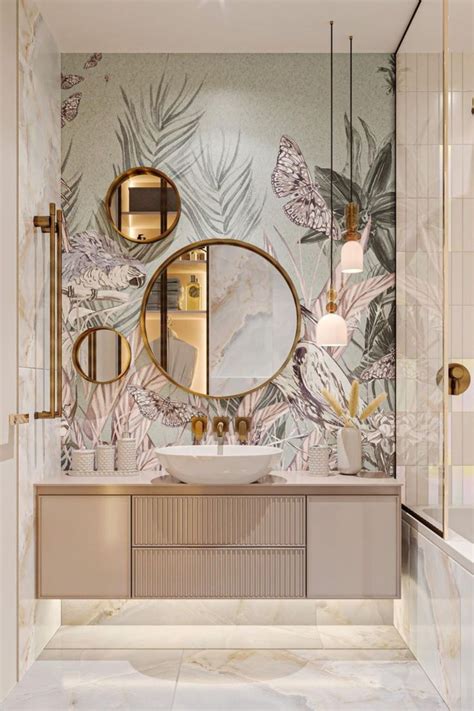 the bathroom is decorated in gold and white, with floral wallpaper on