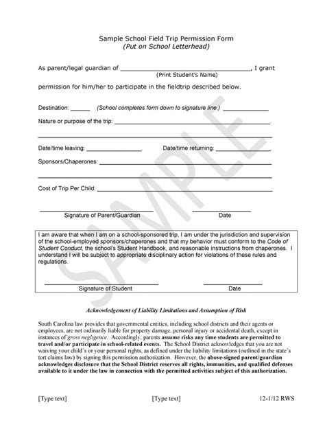 Printable 35 Permission Slip Templates And Field Trip Forms Field Trip