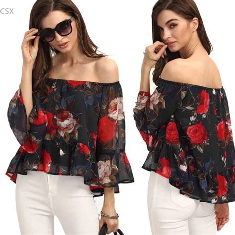 mwoiiowm 2018 women sexy off shoulder summer vest top 3 4 sleeve floral ruffle chiffon blouse