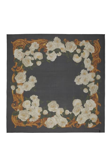 Chanel Large Silk Scarf With White Roses And Gold Baroque Design Curate8