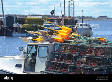 Fully Loaded Lobster Boat With Lobster Traps At Esuminac Wharf Gulf Of