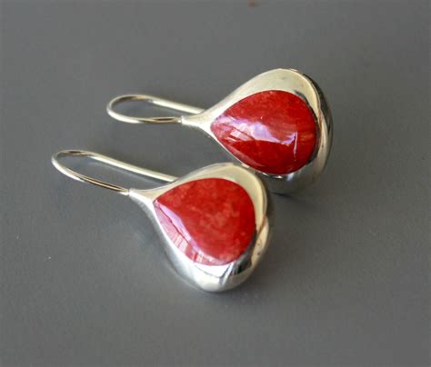 Coral Silver Earrings Silver Dangle Earrings Red Coral Earrings With