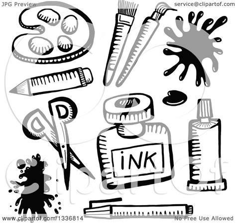 Clipart Of Sketched Black And White Doodled Art Supplies Royalty Free