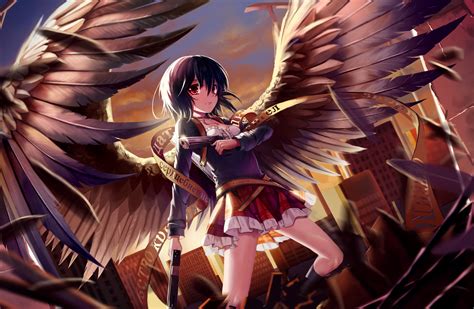 Anime angel with black hair. black hair boots building choker city feathers gun kin ...