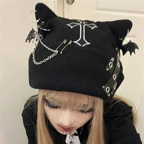 Gothic Knitted Beanie In 2023 Cat Eared Beanie Cat Ears Hat
