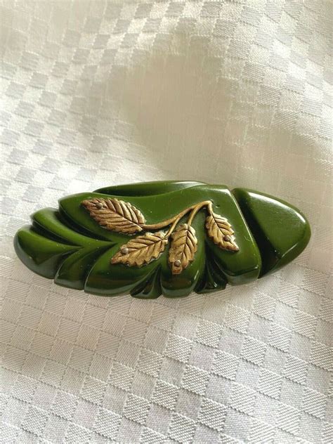 Bakelite Pin Brooch Dark Green Carved With Brass Leaves Deco Large In
