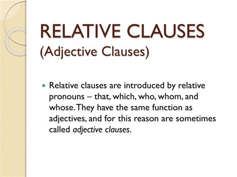 Relative pronouns and relative clauses connect two ideas into one sentence. PPT - RELATIVE CLAUSES (Adjective Clauses) PowerPoint ...