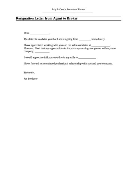 Resignation Letter Template From Agent To Broker Printable Pdf Download