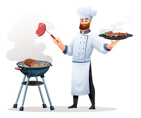 Premium Vector Chef Cook Meat On Barbecue Grill Illustration