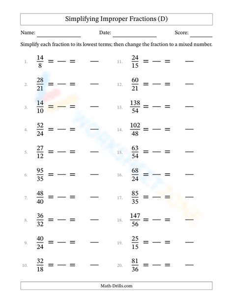 Simplify Improper Fractions Easy 4 Worksheet