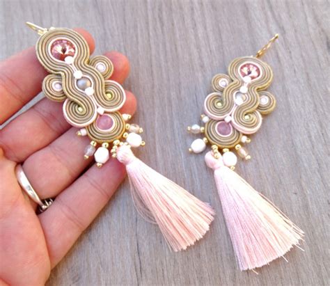 Nude Tassel Earrings Long Sparkling Bridal Earrings Pink Etsy
