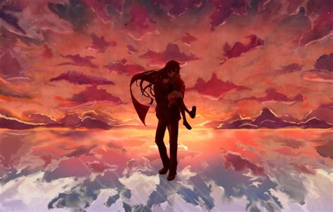 Wallpaper The Sky Girl Clouds Sunset Anime Scarf Art Guy