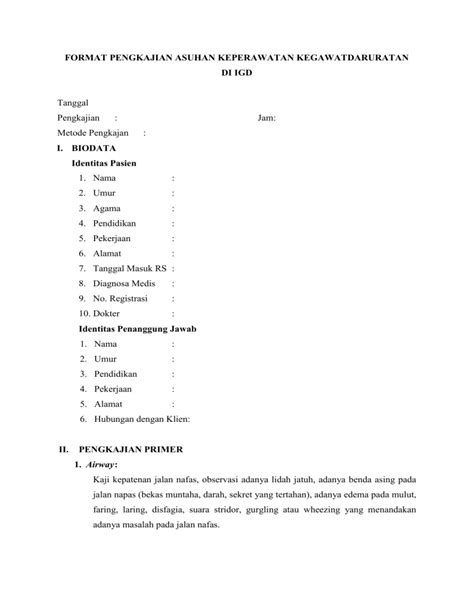 FORMAT PENGKAJIAN ASUHAN KEPERAWATAN KEGAWATDARURATAN