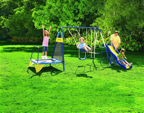 Most backyard swing sets are made of either wood, metal or plastic. Sportspower Jump 'N Swing Metal Backyard Swing Set