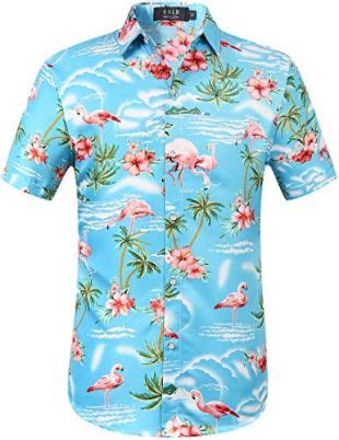 Sslr SSLR Men S Flamingos Casual Short Sleeve Aloha Hawaiian Shirt Large Blue