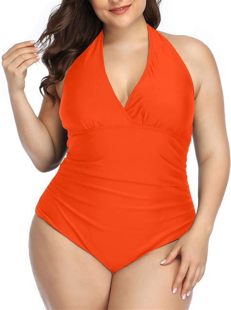 daci women plus size one piece swimsuits orange halter v neck tummy control bathing suits