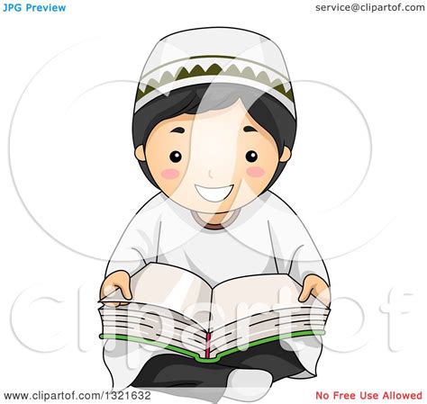 Clipart Of A Happy Muslim Boy Sitting On The Floor And Reading The