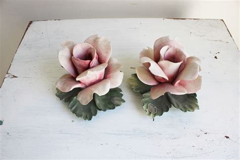 Vintage 1960s Porcelain Rose Candle Holders Nuova Capodimonte
