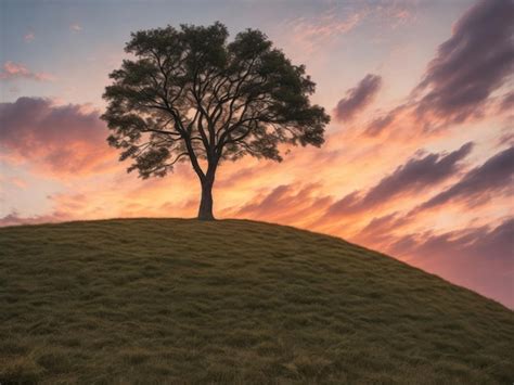 Premium Photo A Tree On A Hill With A Sunset In The Background