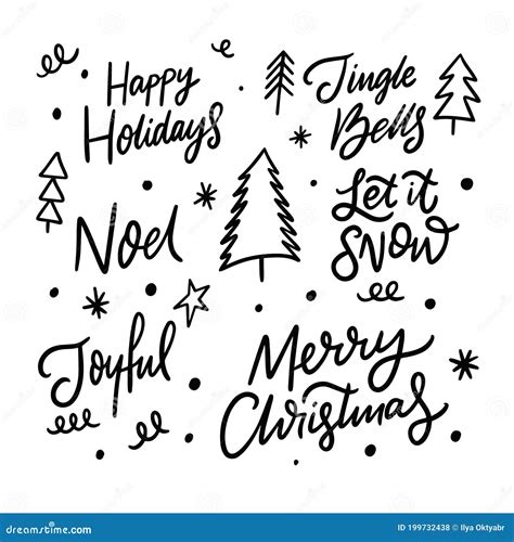 Merry Christmas Phrases Set Hand Drawn Calligraphy Doodle Style Stock
