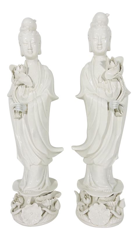 Vintage Signed White Porcelain Figures Of The Chinese Deity Guanyin