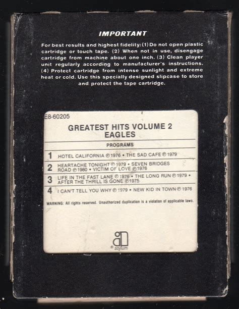 Eagles Greatest Hits Vol 2 1982 Crc Elektra A33 8 Track Tape