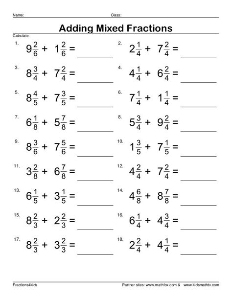 Grade 5 Fractions Worksheet Adding Mixed Numbers Like Denominators