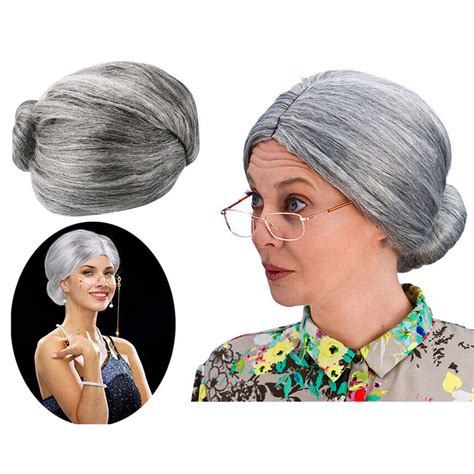 buy grandma wig old lady woman grey silver granny mother dress up costume part mydeal