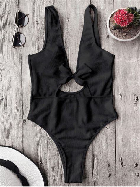 Bowknot Textured High Cut One Piece Swimsuit Black One Pieces M Zaful