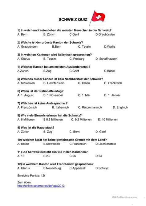 Schweiz Quiz Deutsch Daf Arbeitsblatter Innen Quiz Fragen Und