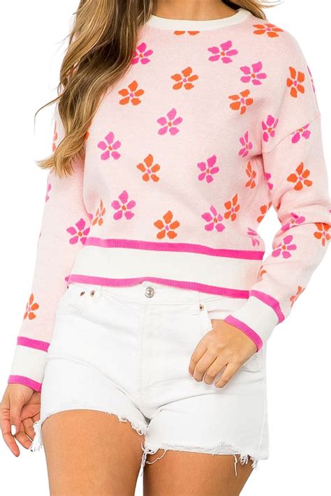 Thml Flower Knit Sweater In Pink Cotton Island Womens Clothing Boutique