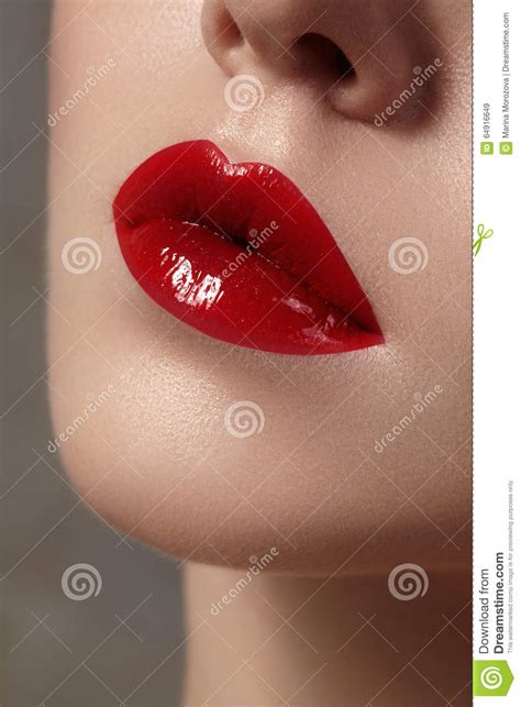 Close Up Of Female Lips With Bright Makeup Macro Of Woman S Face Stock