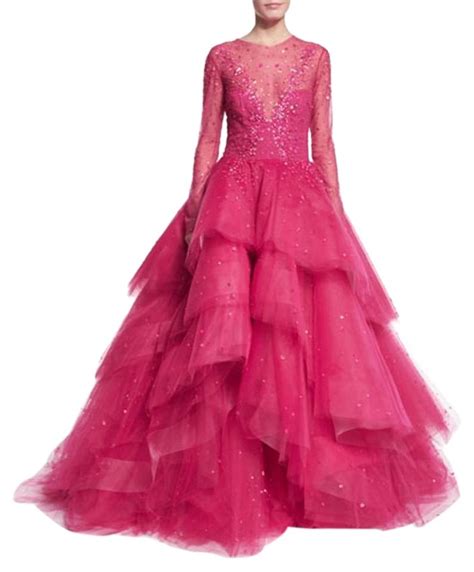 Monique Lhuillier Magenta Jewel Embellished Layered Ball Gown Long