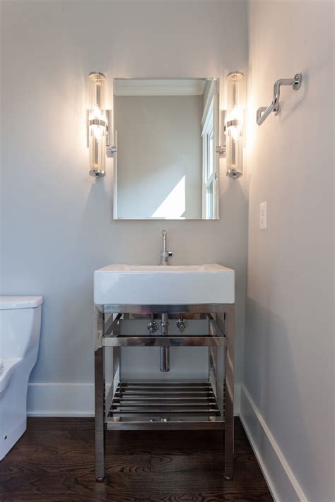 Contemporary Powder Room With Chrome Pedestal Sink Vanity In Custom