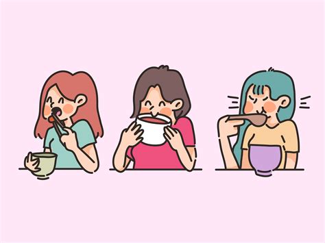 People Eating Food Soup Happy Healthy Food Cute Cartoon Illustration