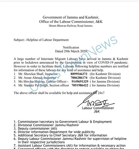 For labour wing related queries, regarding all labour lows. Covid19: Helpline numbers Labour department J&K - Cross ...