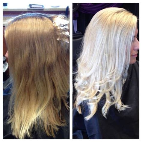 You can get blonde hair without bleach by using a high lift color. This is a before & after. She went from brassy blonde to ...