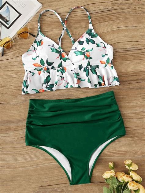 Peplum Top With Ruched High Waist Bikini Set Shein Trendy Swimsuits