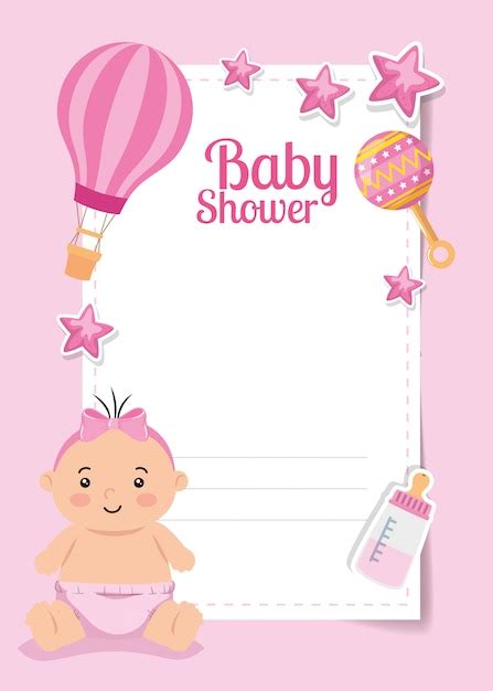 Tarjeta De Baby Shower Con Niña Linda Y Decoración Vector Premium