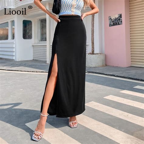 Liooil Sexy High Slit Skirt Ladies Black Zipper High Waisted Maxi Skirt For Women 2021 Summer